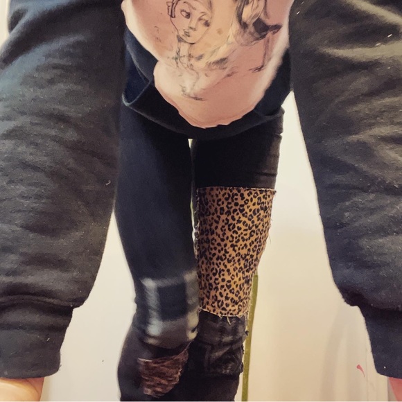 Bespoke patched mid-rise extra stretchy flare washed black denim - Picture 11 of 16